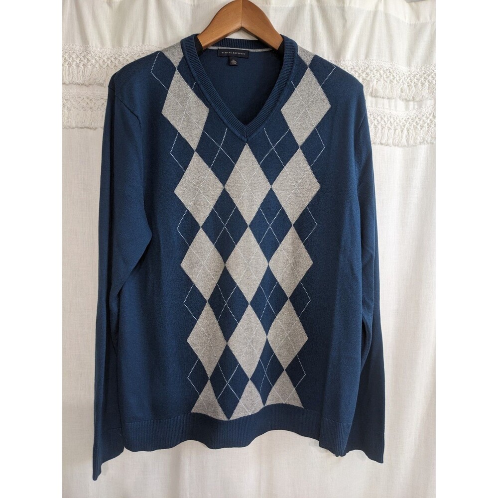 Silk Cashmere Argyle Lagenlook Preppy Sweater Mens XL Blue Gray V-Neck Pullover